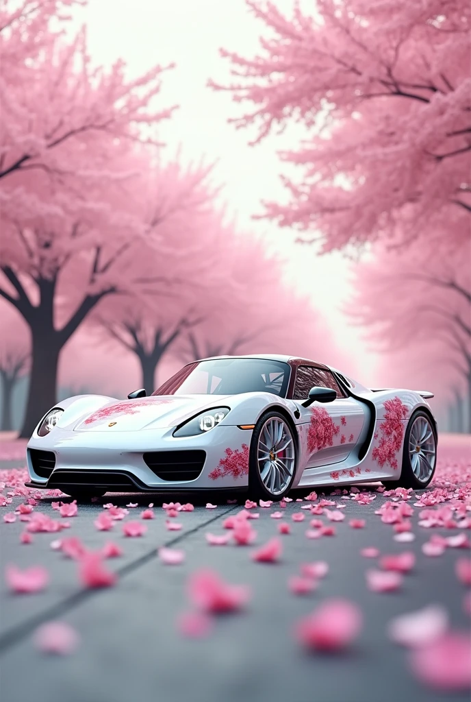 white porsche 918 spyder with cherry blossom design on the side with white rims