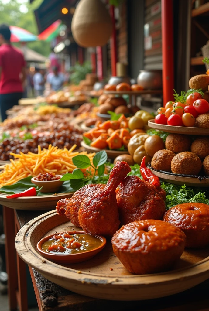 Various Indonesian culinary foods Geprek chicken, sate, meatball, market cake