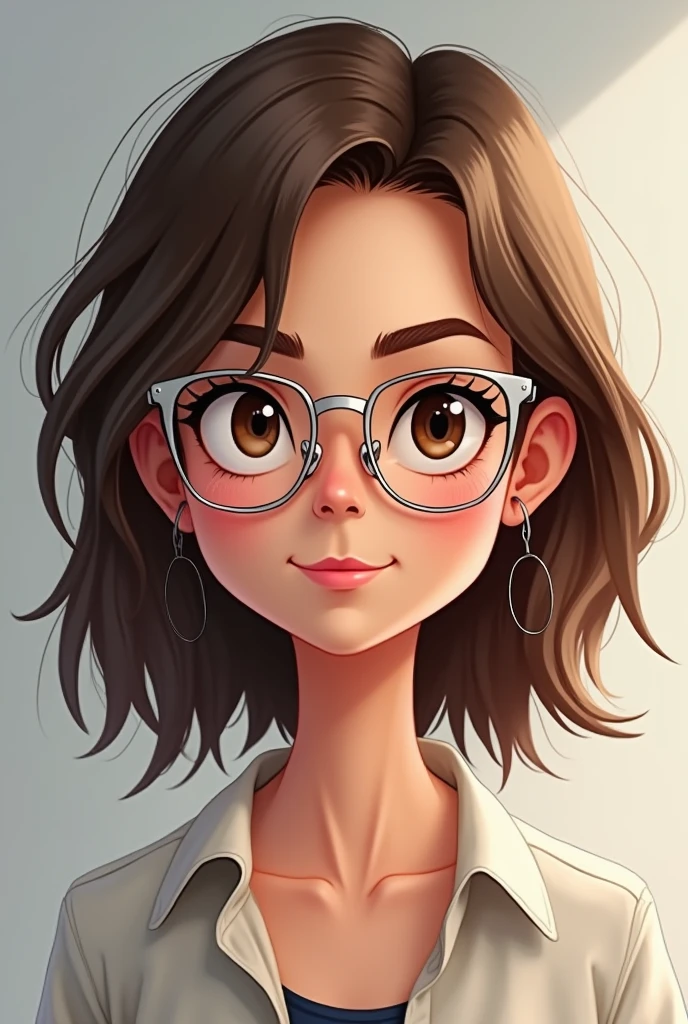 A more realistic cartoon of a girl wearing silver rectangular office glasses, with hair a little messy below the shoulders, Brown eyes 