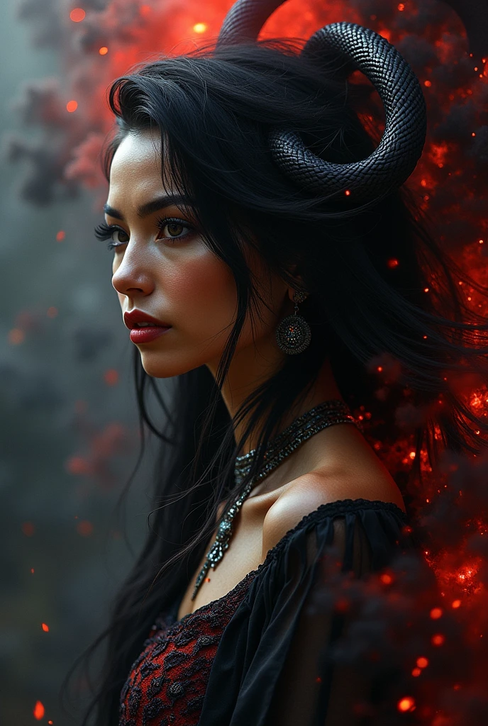 (Masterpiece artwork, top-quality, best qualityer, offcial art, beautiful and seductive aesthetics:1.2), Brazilian woman, rosto maléfica, bruxa, feiticeira, fogo (face covered by hair) cabelo blackw comprido (1woman:1.2), fly away, Extremely Detailed,(resumlistum:1.4, Fractal Art:1.3),(silver_hair:1.1), Destiny \( series\), blackw, More Detailed, fire, , lightning, (splash_art:1.2), jewelly:1.4, Hanfu, Scenario, blackw e prata, black snake with red eyes, black and red smoke background. Only shows one side of the face
