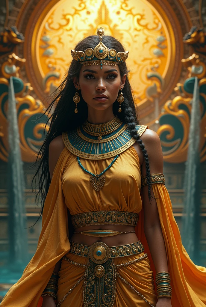 Create an image of Tefnut, the goddess of moisture in Egyptian mythology, incorporating traditional Egyptian aesthetics such as gold accents, flowing robes, and water-themed motifs. Ensure the image is masterpiece, best quality, CG, wallpaper, HDR, high quality, ultra detailed face, cinematic, high detail, 8k, raw, high, artstation HQ, unreal engine, octane renderer, 4k resolution, hyperrealistic, highly detailed, and absurdres settings