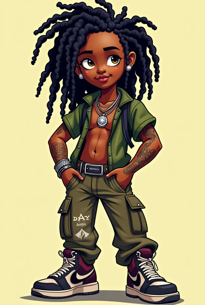 Black cartoon with dreadlocks and jewelry and cargo pants with tattoos taking selfie