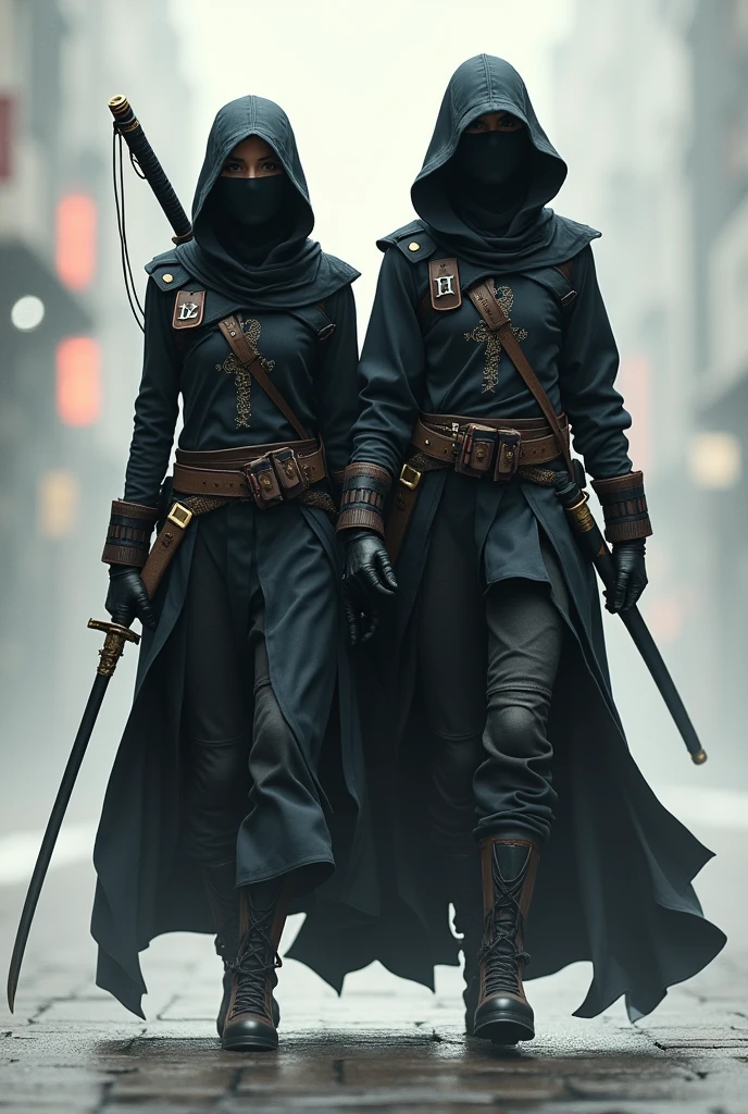 a male and female like ninja around age 20, female niqab and close her face, wearing tech cloak, slim body, female holding katana, male holding scythe. cyberpunk style. have big name tag, add Mata Dragon text on both of them, add Mata Dragon on cloak, female have bow on her back. both them walking toward camera.