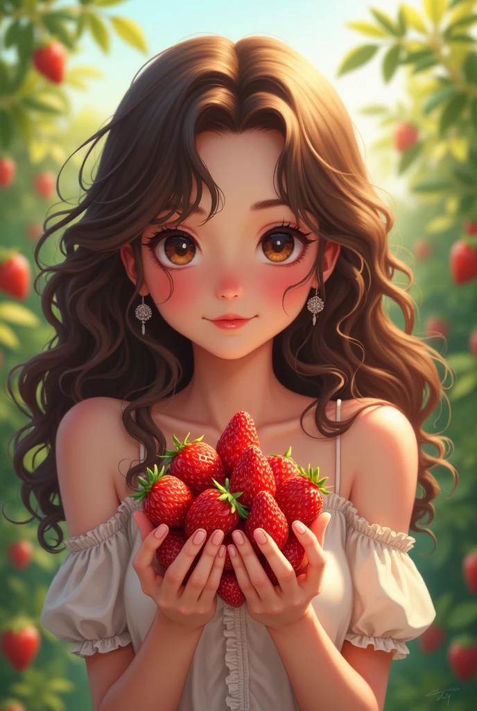  brunette with curly hair holding strawberries anime style 