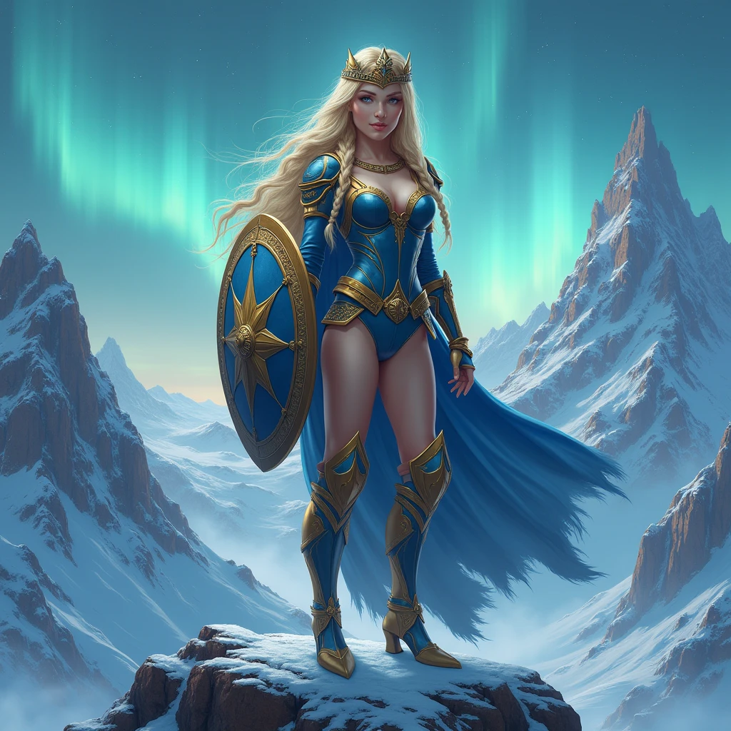 BOMBSHELL BLONDE WOMAN, WARRIOR FEMALE, VERY PALE SKIN, SKIN BLUE EYES, HIGH CHEEKBONES, ROSY CHEEKS, MENTAL FORAMEN, GOLD TIARA, HUGE LONG HAIR, DOUBLE BRAID HAIR, VOLUMOUS HAIR, BLUE AND GOLD LEOTARD ARMOUR, BLUE AND GOLD ARMOUR, GOLD GAUNTLETS, STRONG CURVY BODY, MUSCLES, GORGEOUS EXPOSED THIGHS, DETAILED QUADRICEPS, MUSCLES, GOLD FLAT BOOTS, STAND UP ON A HIGH MOUNTAINS ROCK, HUGE SHIELD , SIDE BODY VIEW, NORTHERN LIGHTS, NORTH POLE, SNOW, HIGH MOUNTAINS, SNOWING, NIGHT SKY, ACCURATE IMAGE, MASTERPIECE.