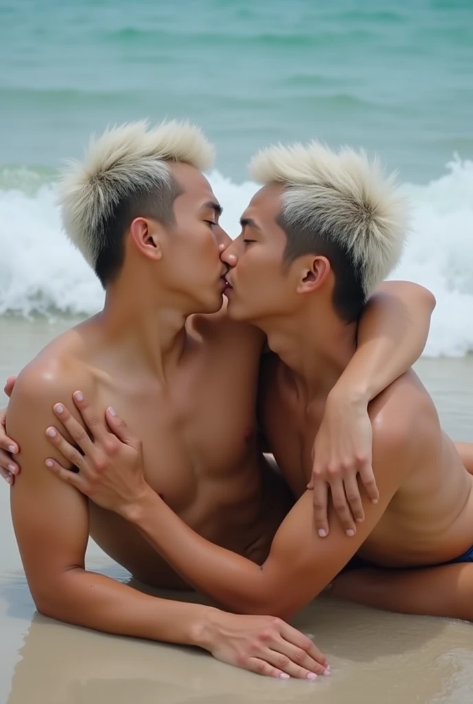 2 Young Asian white hair man , handsome, young boys , naked bodies ,big bulge , suck cock, protruding crotch,kiss and hug each other , lying on the beach