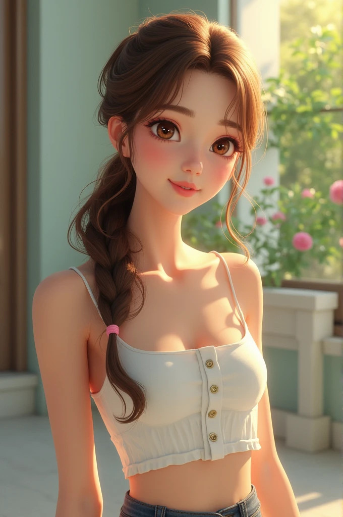 Caucasian girl, 20 years old, hazel eyes, brown hair in a ponytail with strands on the side of her face. She’s wearing a nice white top with a skirt and stockings and converse for her shoes