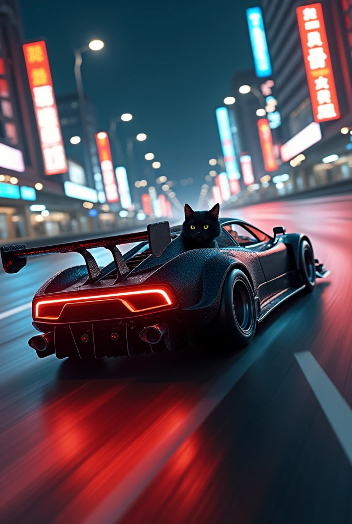 black cat with human body driving a race car, high speed chase, on the city highway, night, velocity, speed, motion blur, high definition image