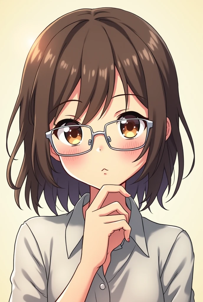 An anime cartoon of a girl wearing silver rectangular office glasses, with hair a little messy below the shoulders, Brown eyes