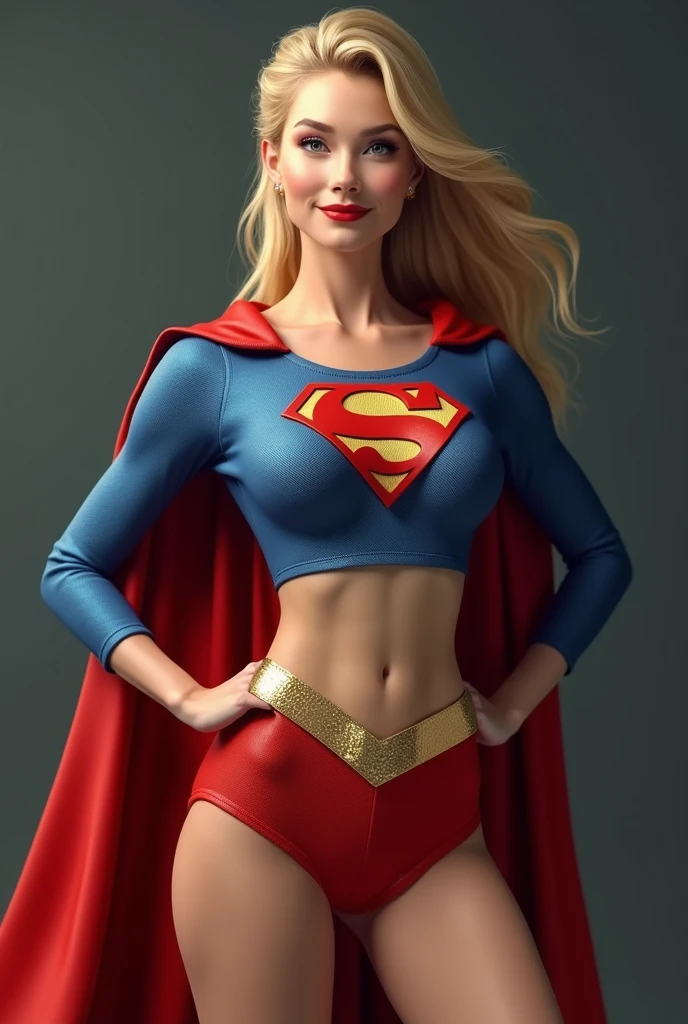 THE ORIGINAL 1950S SUPERGIRL WEARING A 1950'S SUPERGIRL COSTUME AND CAPE, HYPER REALISTIC. (( big boobs)) more sexy ponytail show abs and smile