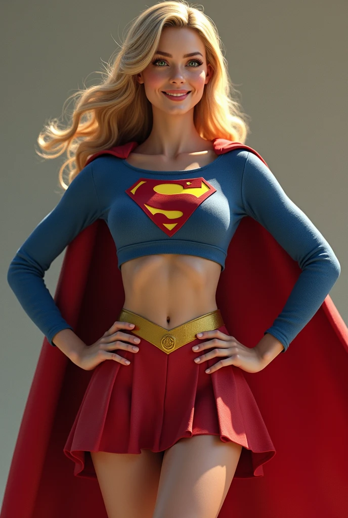 THE ORIGINAL 1950S SUPERGIRL WEARING A 1950'S SUPERGIRL COSTUME AND CAPE, HYPER REALISTIC. (( big boobs)) more sexy ponytail  show abs and smile