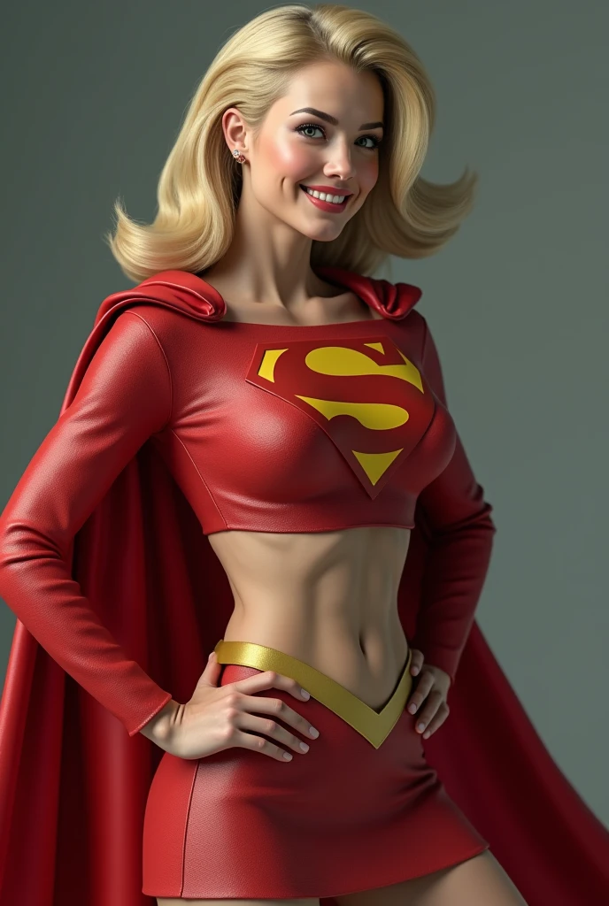 THE ORIGINAL 1950S SUPERGIRL WEARING A 1950'S SUPERGIRL COSTUME AND CAPE, HYPER REALISTIC. (( big boobs)) more sexy ponytail show abs and smile
