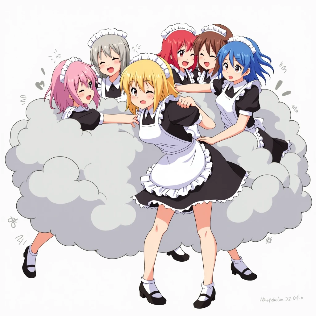 An anime-style illustration depicting maids and nurses playfully wrestling with each other inside a light gray comical fight cloud (dust cloud).
each maid and nurse has different colored hair.
their faces,hands,and feet are visible emerging from the cloud as they tussle humorously, with the rest of their bodies completely hidden inside the cloud.
the illustration emphasizes the humorous and energetic nature of their scuffle,with a fluffy and exaggerated fight cloud.
