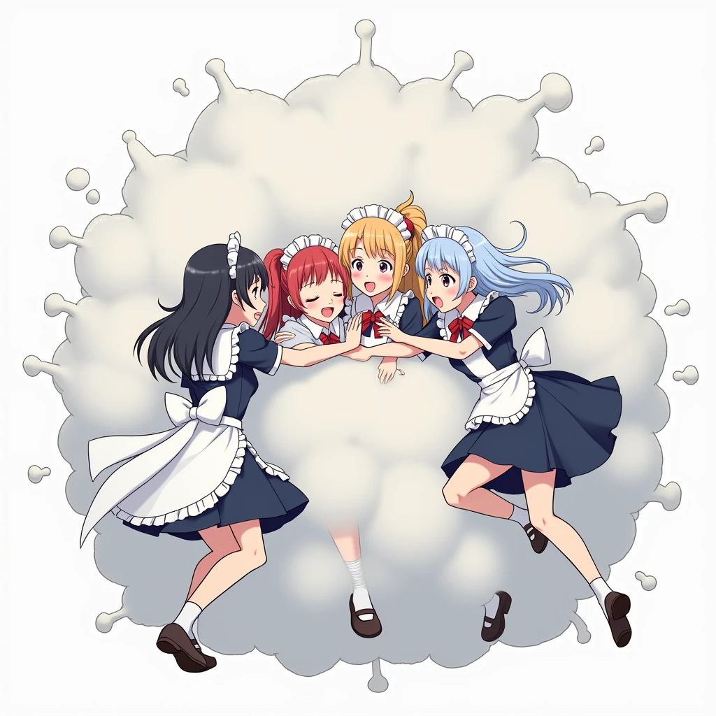 An anime-style illustration depicting maids and nurses playfully wrestling with each other inside a light gray comical fight cloud (dust cloud).
each maid and nurse has different colored hair.
their faces,hands,and feet are visible emerging from the cloud as they tussle humorously, with the rest of their bodies completely hidden inside the cloud.
the illustration emphasizes the humorous and energetic nature of their scuffle,with a fluffy and exaggerated fight cloud.