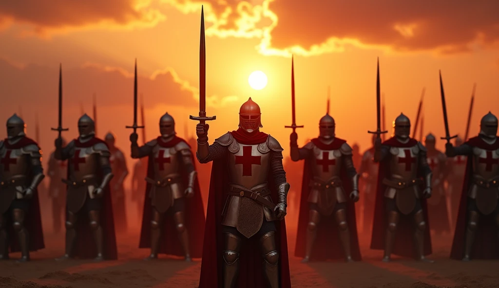 A highly realistic, high-contrast, 8K HD, detailed, hyper-detailed image of crusaders in a desert at sunset, their swords raised high as they prepare for battle, clad in steel armor with prominent red crosses on their chests, faces focused and determined, warm golden light of the setting sun casting long shadows, intricate details of their armor and weapons highlighted, sky painted with deep hues of orange and red, creating a dramatic and intense atmosphere, united in purpose, standing ready to face challenges ahead, ultra-high resolution, RAW photo quality, Unreal Engine rendering, capturing the powerful and inspiring moment as they stand resolute under the evening sky.