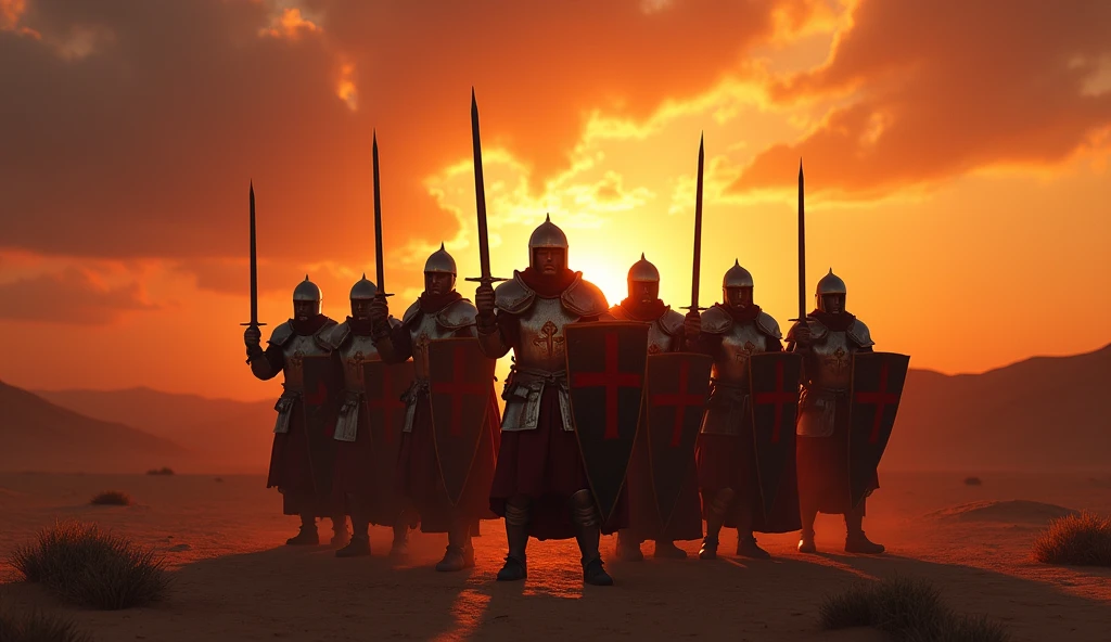 A highly realistic, high-contrast, 8K HD, detailed, hyper-detailed image of crusaders in a desert at sunset, their swords raised high as they prepare for battle, clad in steel armor with prominent red crosses on their chests, faces focused and determined, warm golden light of the setting sun casting long shadows, intricate details of their armor and weapons highlighted, sky painted with deep hues of orange and red, creating a dramatic and intense atmosphere, united in purpose, standing ready to face challenges ahead, ultra-high resolution, RAW photo quality, Unreal Engine rendering, capturing the powerful and inspiring moment as they stand resolute under the evening sky.