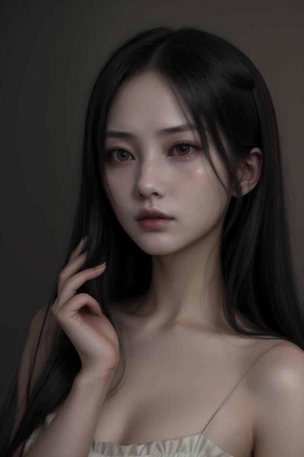 a_girl_with_long_black_hair,yamamura_sadako,detailed_and_realistic_facial_features,beautiful_detailed_eyes,beautiful_detailed_lips,extremely_detailed_face,longeyelashes,creepy_atmosphere,horror,supernatural,ghostly,pale_skin,wearing_a_white_dress,haunting,ominous,dark_lighting,moody_lighting,muted_colors,dramatic_shadows,cinematic,masterpiece,best_quality,8k,highres,ultra-detailed,photorealistic