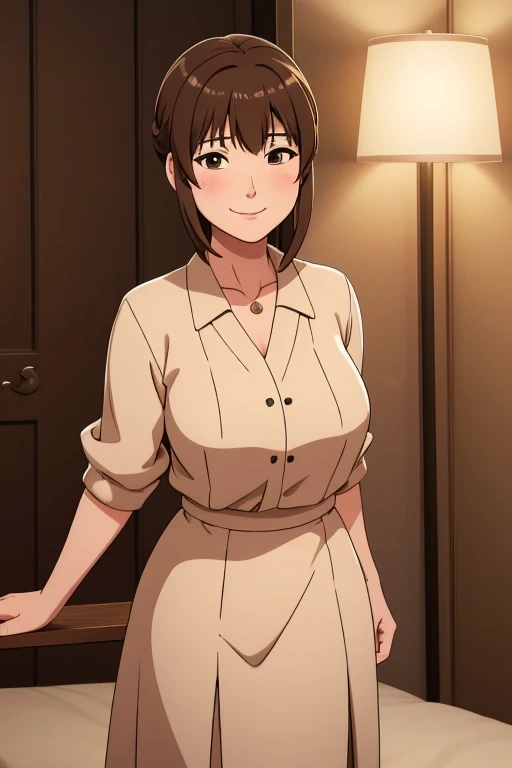 A middle-aged woman named Minako Kazama, standing and smiling warmly. She is around 155 cm tall with a healthy, average build that gives her a soft and gentle appearance. She has light brown hair in a medium length, just touching her shoulders, with straight bangs that give her a cute and youthful look. Her face is round and friendly, with large, bright eyes that resemble her son Daisuke's. She is 4, and her appearance reflects a touch of maturity and experience appropriate for her age, while still maintaining her cheerful and warm demeanor. The image should convey a sense of her maturity, with slight wrinkles or other age-appropriate features, while still showing her warm and comforting presence.