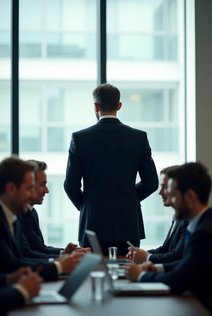 Draw a picture of a businessman seen from behind., wearing a dark elegant suit, stand up straight with confidence. In front of him, a group of salespeople are seen sitting on chairs, listen attentively. They wear office clothes, some holding notebooks or laptops. The room is a modern meeting room with natural light from large windows behind the sales people.. This image should emphasize a professional and serious atmosphere., with a focus on the between the businessman and the sales force who are listening to his presentation..