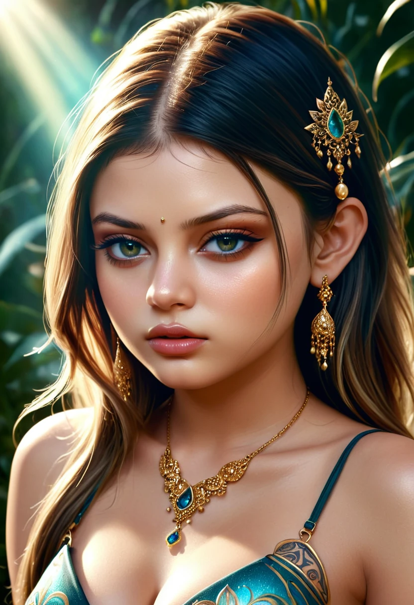 Foto hiperrealista en primer plano de (ALEXANDRA DADDARIO:0.5)(THYLANE BLONDEAU:0.5),(AISHWARYA RAI:0),20 years old,octane render. (photorealistic:1.4),(top-quality), (masterpiece), (seductive pose: 1.2 ),( Sharply focused human skin:1.3),(seductive cleavage:1.4), Frivolous and scandalous, (hyperrealistic detailed skin:1.3), ( shiny skin:1.2),(subsurface scattering:1.4), intricate tattoos, long shiny hair decorated with precious jewels,exotic ornaments , (studio soft lighting:1.4), (surreal exotic natural surrounding in a royal garden: 1.4), (pouting lips drawn in ultra detail:1.4),The most beautiful girls ,8k,16k,trending on artstation,deviantart,detailxl