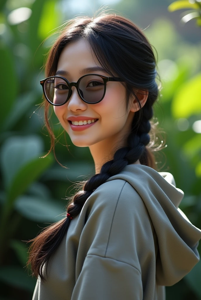 (photorealism:1.2), beautiful black Korean woman,22 years,small low bridge nose,sharp boobs, oily smooth shiny skin,smiling,wearing a fitting hoodie,long braids, black oversized round photo chromatic glasses with grey lenses, standing , realistic indetails,plants in background.North west inspiration