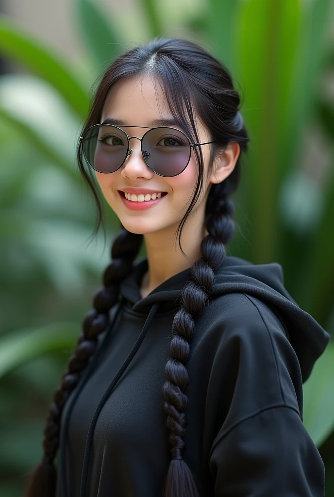 (photorealism:1.2), beautiful black Korean woman,22 years,small low bridge nose,sharp boobs, oily smooth shiny skin,smiling,wearing a fitting hoodie,long braids, black oversized round photo chromatic glasses with grey lenses, standing , realistic indetails,plants in background.North west inspiration