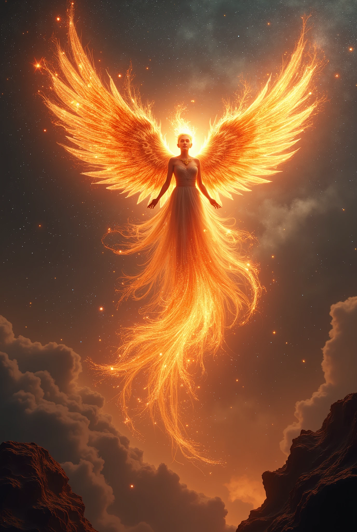 ((best quality)), ((masterpiece)), (detailed),8k , Long ago, in a distant galaxy, the ancient gods created a magnificent Firebird, a divine creature radiating a mysterious light. They forged her from the flames of the most beautiful stars and wove the darkness of space into her wings. The Firebird, blessed by the gods, took flight, spreading new stars across the cosmos with each beat of her wings. She became a symbol of life and hope, eventually reaching the edge of the universe. Understanding her purpose, she sacrificed herself to create more stars, leaving behind a light that continues to illuminate the universe and symbolize life eternally.