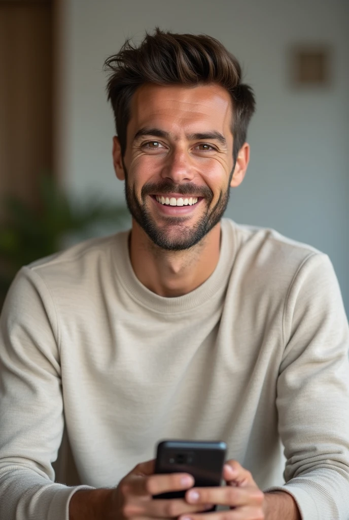  A 30-year-old man with a modern and friendly appearance. He has a warm expression and a sincere smile., which conveys closeness and trust. 

She is dressed casually in neutral colored clothing, which include soft and natural tones such as beige or light grey. The style is simple but elegant, reflecting a homely and accessible aesthetic. The avatar focuses mainly on the person and the gadget, with sharp, realistic details that make it easy to identify at first glance,Recto ,Looking forward 