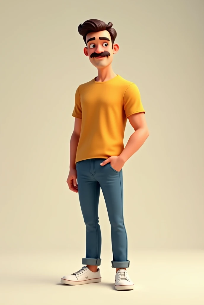 Tall Man, short brown hair, wearing a mustard-colored t-shirt, jins and white pixar style sneakers
