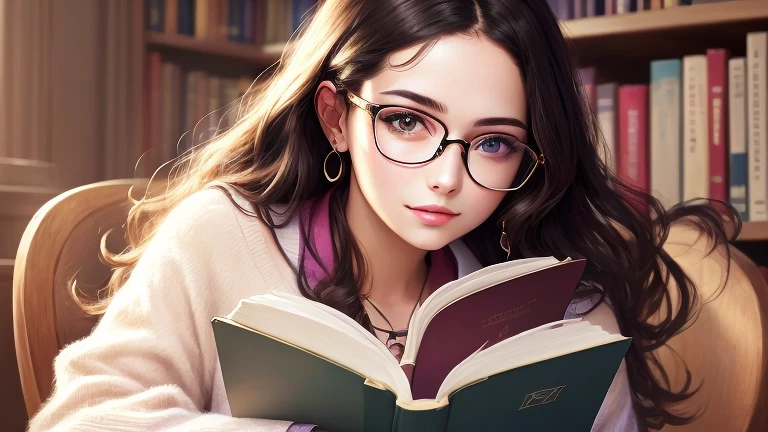 arafed woman wearing Glasses Reading a book in a library, with Glasses, girl with Glasses, Realistic cute drawings, High-quality portraits, with Glasses on, reading Glasses, Book Portrait, girl wearing round Glasses, style ArtJam, Otaku appearance, Otaku, Glasses, ArtJam. Anime illustration, style of ArtJam, Wearing glasses, Reading a book