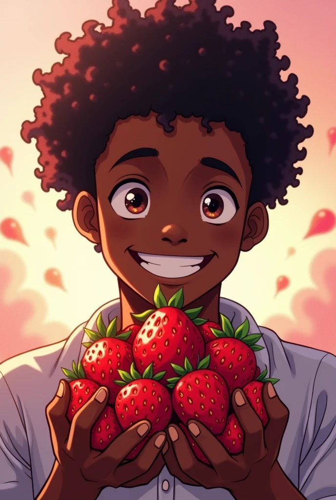 Black man with curly hair holding strawberries Anime style 