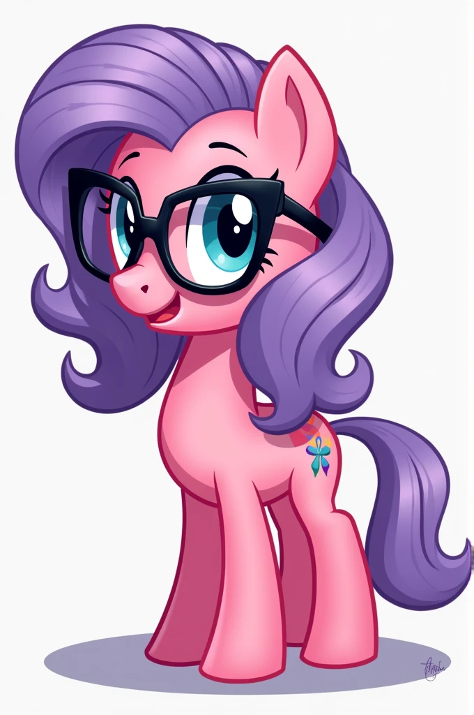 I need you to create a character of a mare of my little pony with design in the G4 , A pony with light pink skin and medium-long wavy light purple hair with black glasses and a quiurimark inspired by magic .