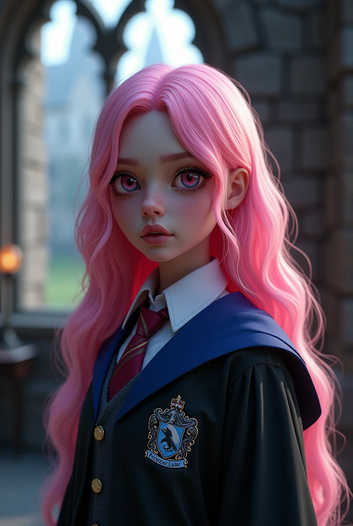 girl,long bubblegum pink hair,pink eyes, parts, full lips,big eyes long eyelashes, aspect , Ravenclaw, Hogwarts, realist