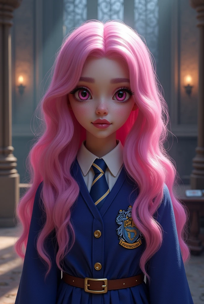 girl,long bubblegum pink hair,pink eyes, parts, full lips,big eyes long eyelashes, aspect , Ravenclaw, Hogwarts, realist