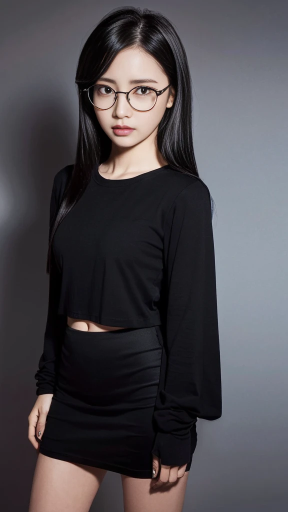 (Highest quality:1.5), (Real:1.4), (Ultra high definition:1.4), (No correction:1.4), (skinny Japanese woman with average size breasts standing front plain background in studio), (A woman wearing black-rimmed glasses), (Very small eyes), (breasts of average size), (Bangs that hide eyebrows), (Long black hair), (Dark personality expression), (Black T-shirt), (Black long skirt), (black hair woman is standing with black T-shirt and black long skirt front plain background in studio), (woman viewed from the front), (Plain background), (Cowboy Shot), (Cold expression), (upright), (A woman with long black hair and glasses), (Bangs that hide eyebrows), (Sharp and tiny eyes)