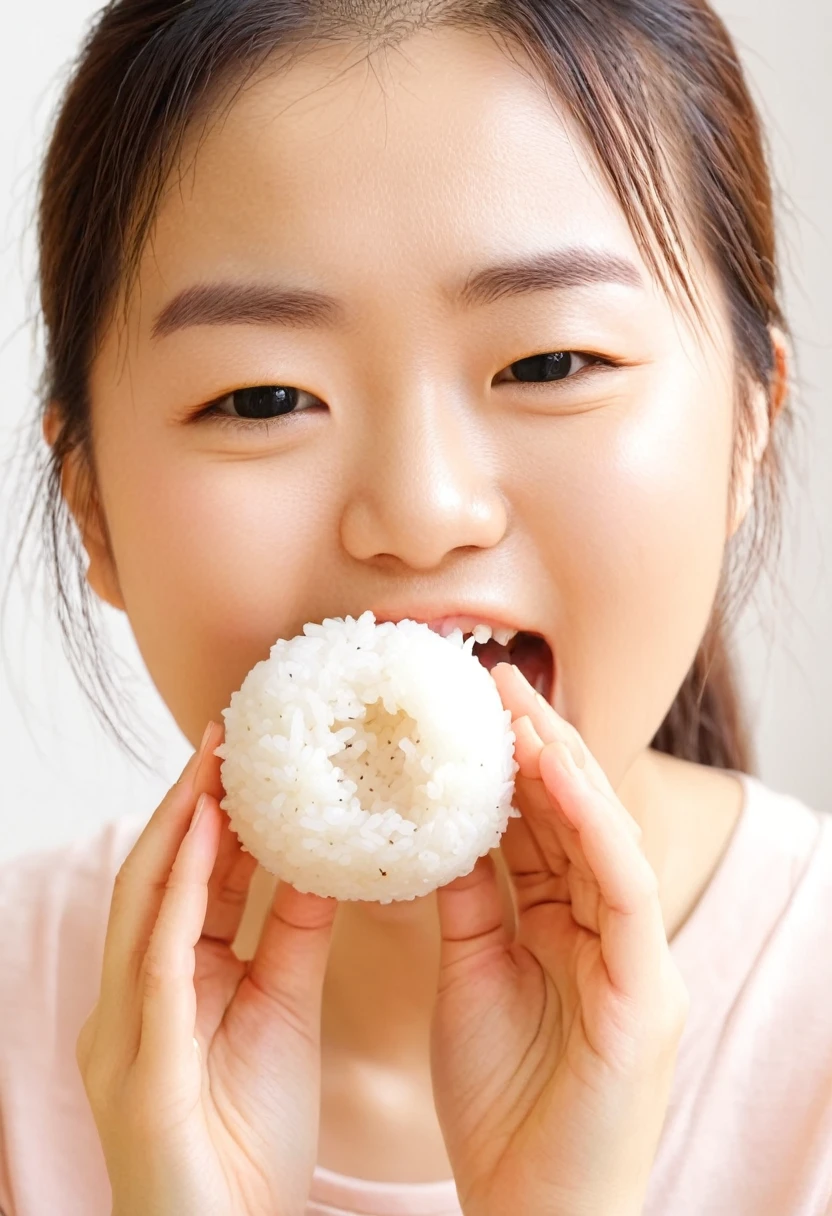 Image of a person holding a rice ball (rice ball) Open your mouth, Bring the rice ball to your mouth、juvenile