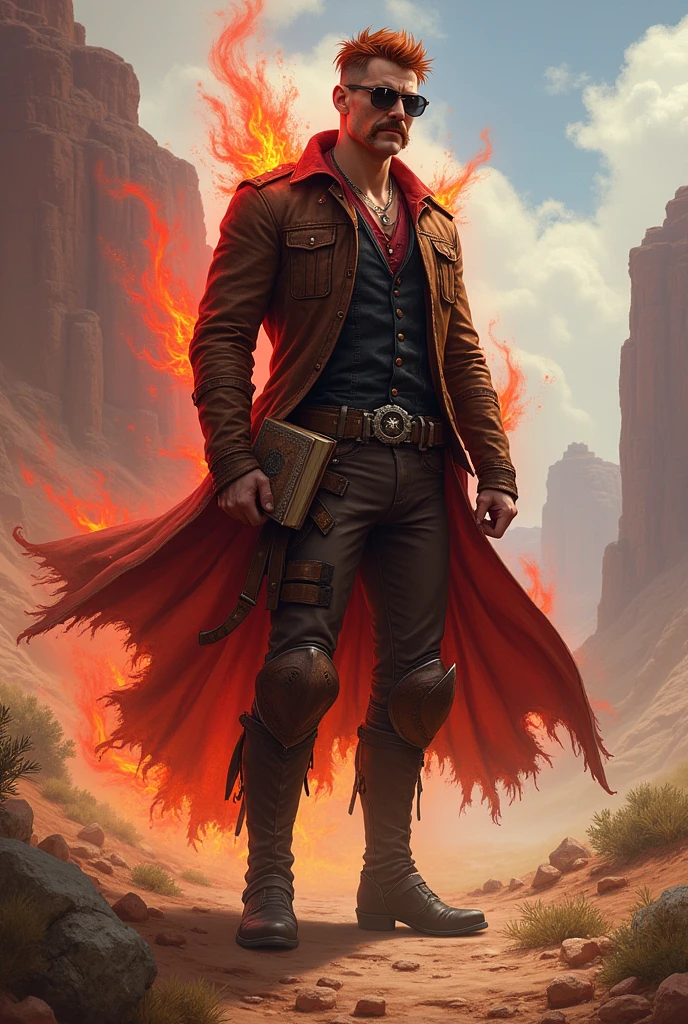 I would like a white young American man with short shaved on the side red hair, a mustache, a leather jacket with stars on it, a black vest underneath, brown pants with knee guards, sunglasses, and a book in his hands. He wears tall boots and has a red aura around him. I would like him to have a mature style, and the art should be in a fantasy RPG style set in the Old West.