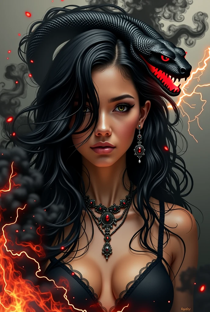 (Masterpiece artwork, top-quality, best qualityer, offcial art, beautiful and seductive aesthetics:1.2), Brazilian woman, (face covered by hair) cabelo blackw comprido (1woman:1.2), fly away, Extremely Detailed,(resumlistum:1.4, Fractal Art:1.3),(silver_hair:1.1), Destiny \( series\), blackw, More Detailed, fire, , lightning, (splash_art:1.2), jewelly:1.4, Hanfu, Scenario, blackw e prata, black snake with red eyes, black and red smoke background. Only shows one side of the face