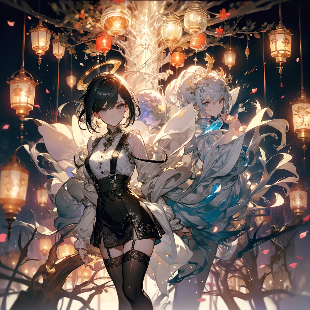 ((masterpiece, best quality)), Epic battlefield atmosphere,Angel,Royal sister,Halo,A display of fireworks and a sea of lanterns,Silver Bell Ice Heart,Magician,Petals falling,A meticulous face,Standing image,Perfect body proportions,Long legs,Stylish short hair,beautiful eyes,Fantasy style,White background,transparent,Sexy,Lace,Suspender mesh stockings