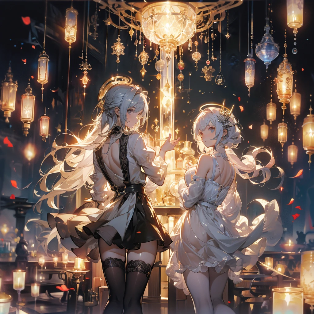 ((masterpiece, best quality)), Epic battlefield atmosphere,Angel,Royal sister,Halo,A display of fireworks and a sea of lanterns,Silver Bell Ice Heart,Magician,Petals falling,A meticulous face,Standing image,Perfect body proportions,Long legs,Stylish short hair,beautiful eyes,Fantasy style,White background,transparent,Sexy,Lace,Suspender mesh stockings