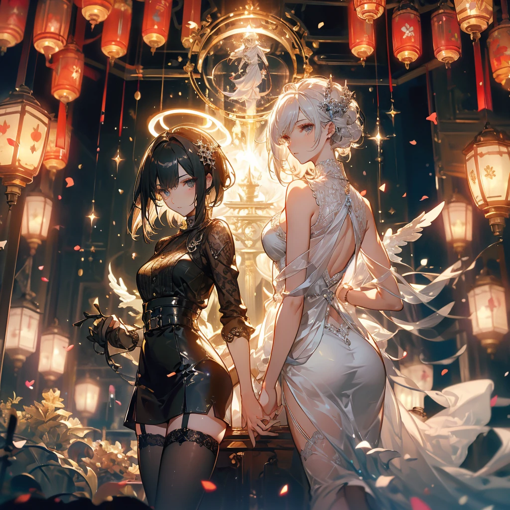 ((masterpiece, best quality)), Epic battlefield atmosphere,Angel,Royal sister,Halo,A display of fireworks and a sea of lanterns,Silver Bell Ice Heart,Magician,Petals falling,A meticulous face,Standing image,Perfect body proportions,Long legs,Stylish short hair,beautiful eyes,Fantasy style,White background,transparent,Sexy,Lace,Suspender mesh stockings