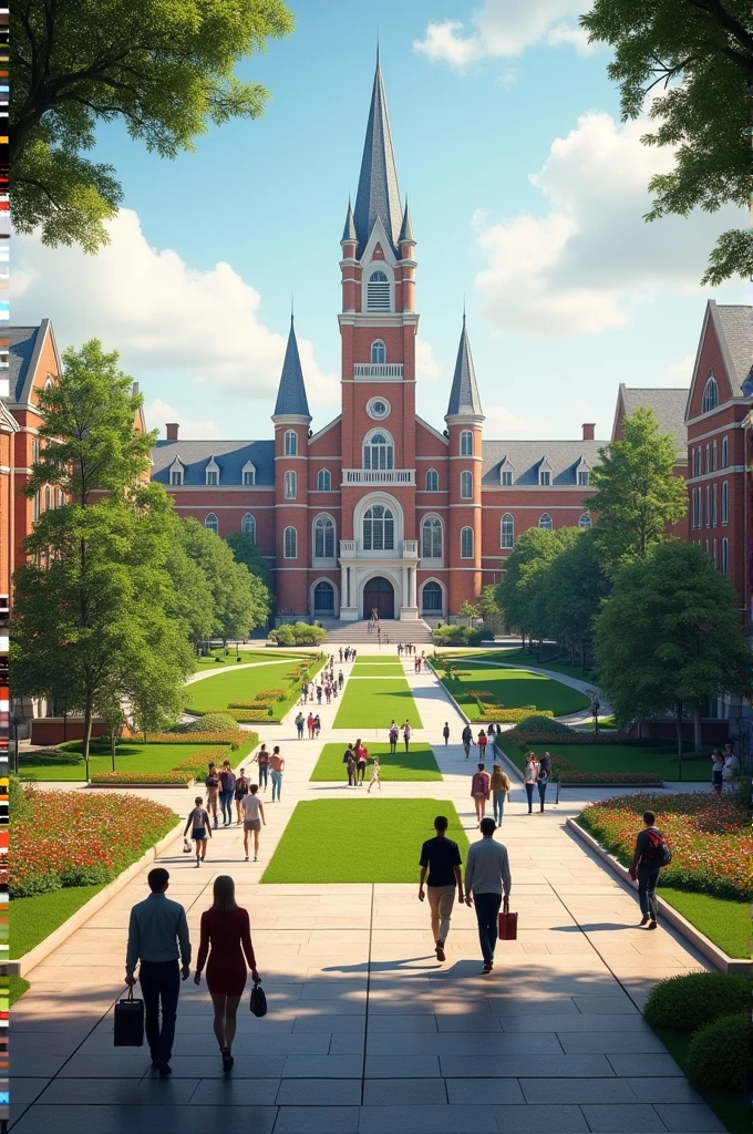Creat a 3d realistic college campus view from the front side of the road.