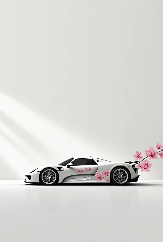 white porsche 918 spyder with minimal cherry blossoms design on the side with white rims