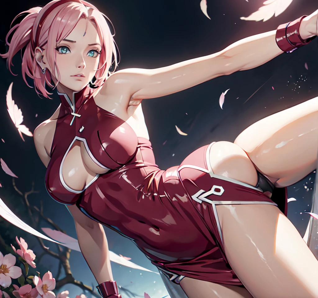 sakura haruno, exposed leg dress, maturebody, beautiful  face, sultry posing, big buttocks, illustration, high resolution, ultra detali, realisitic, swirly vibrant colors, soft lighting