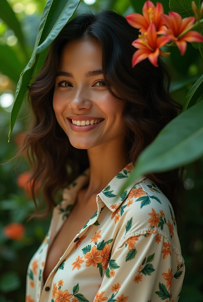 A Brazilian woman in a lush tropical garden, wearing an open shirt with a floral print, with a close-up capturing the harmonious beauty between her breasts and the natural flowers, showing off your natural charm and outgoing personality.