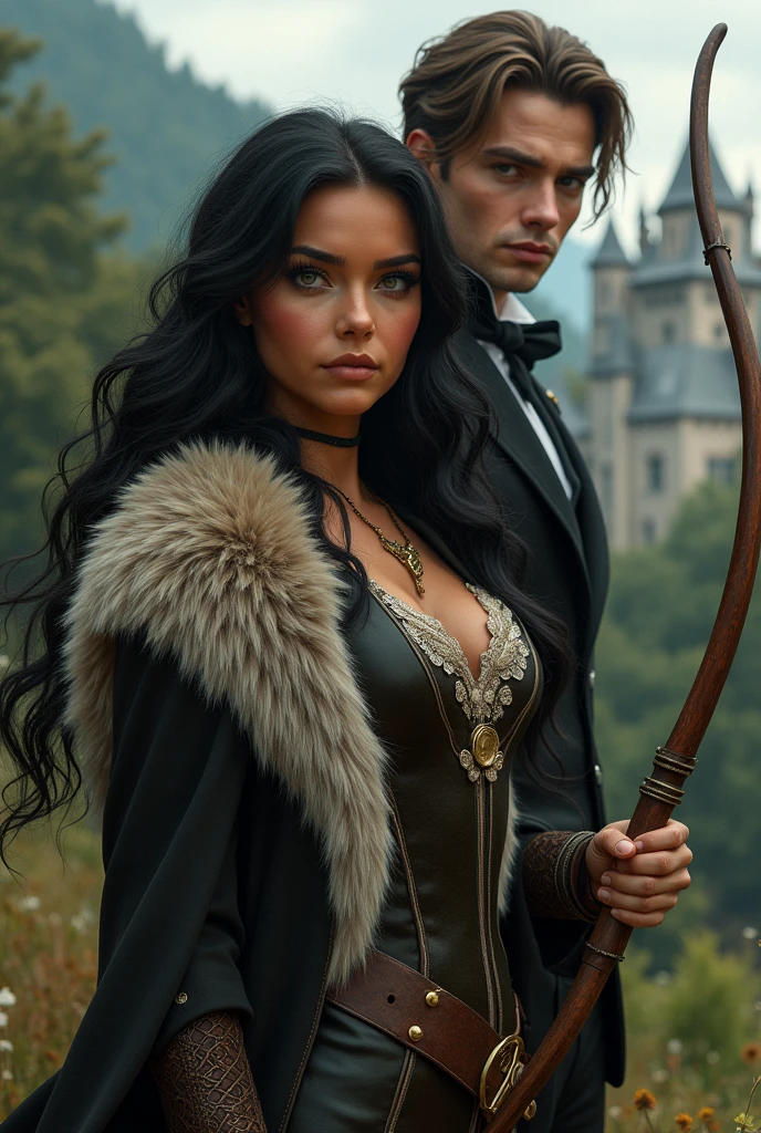 Beautiful 20 year old woman of Apache and English descent, ( very realistic ) Victorian era black hair, Cinnamon skin and green eyes, perfect face and a body with perfect curves. Dressed in a Robin Hood-like fur suit in keeping with the Victorian era with her bow and arrow and behind her back a 30-year-old man dressed in keeping with the Victorian era in a black suit, extremely handsome and manly. ( very realistic con un rostro perfecto )with milky white skin and light brown hair blue eyes as clear as the sky ( perfect eyes with big and detailed eyelashes) in the background a forest with a castle 