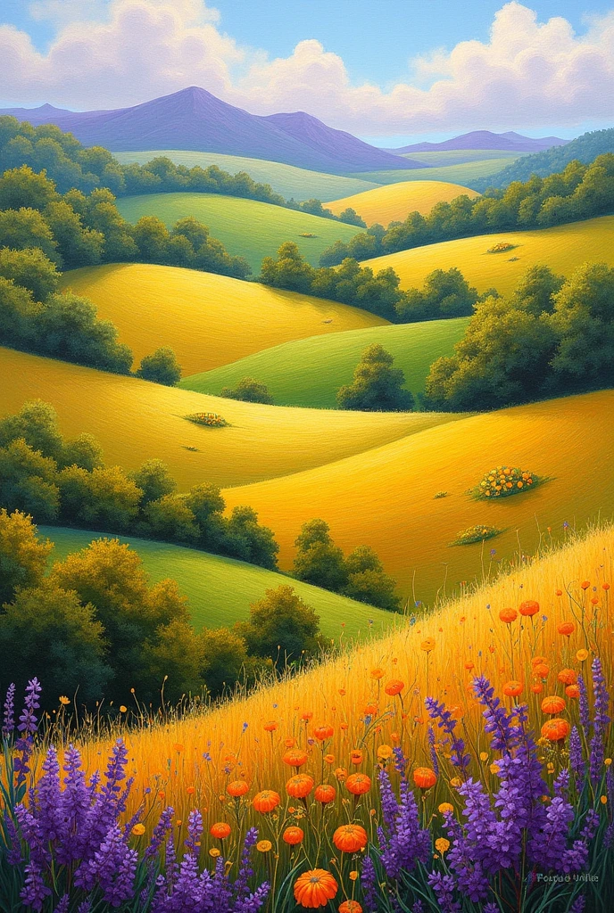 A paintig of a countryside scene, made green, yellow, orange, and violet colors