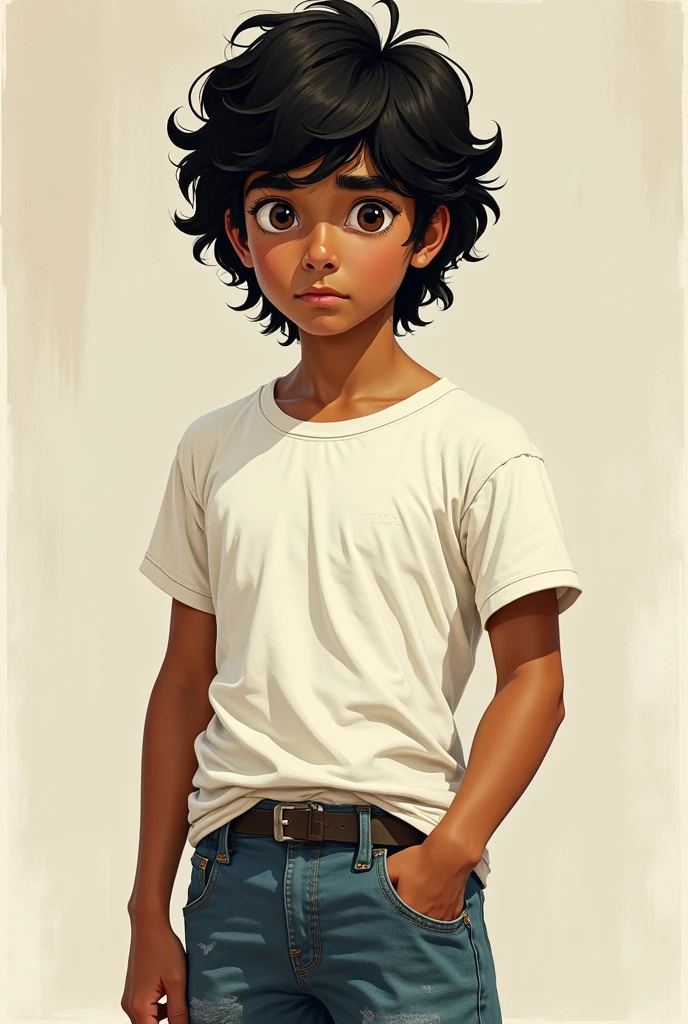 **Character Appearance:**
Alex is a teenager, dark-skinned, with brown eyes and wavy black hair, similar to Ralph Macchio's in 1984 (Daniel LaRusso). He wears simple clothes, like a white t-shirt and worn jeans. Has a thin scar above his right eyebrow, giving him a more serious air, despite his still youthful appearance.