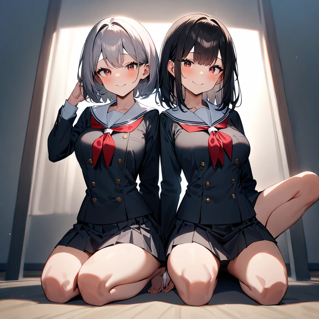 (2girls),adult,smile,school_uniform,White sailor,bareLegs,feet,barefoot,medium hair.black hair,gray hair,black eyes,red eyes,medium_breasts,breasts,masterpiece, best quality, very aesthetic, absurdres,front View,(straight-on),side by side,seiza,light,dynamic angles,(Crotch),(knee up)