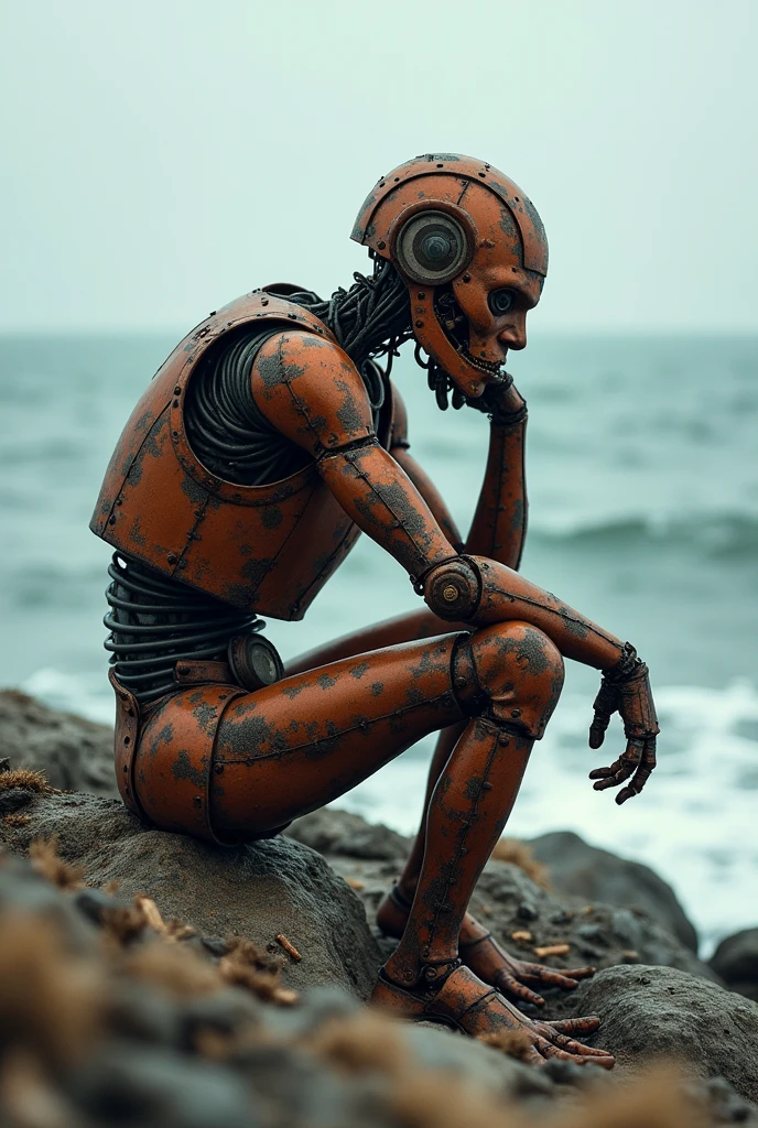 Rusted man who sitting on seashore